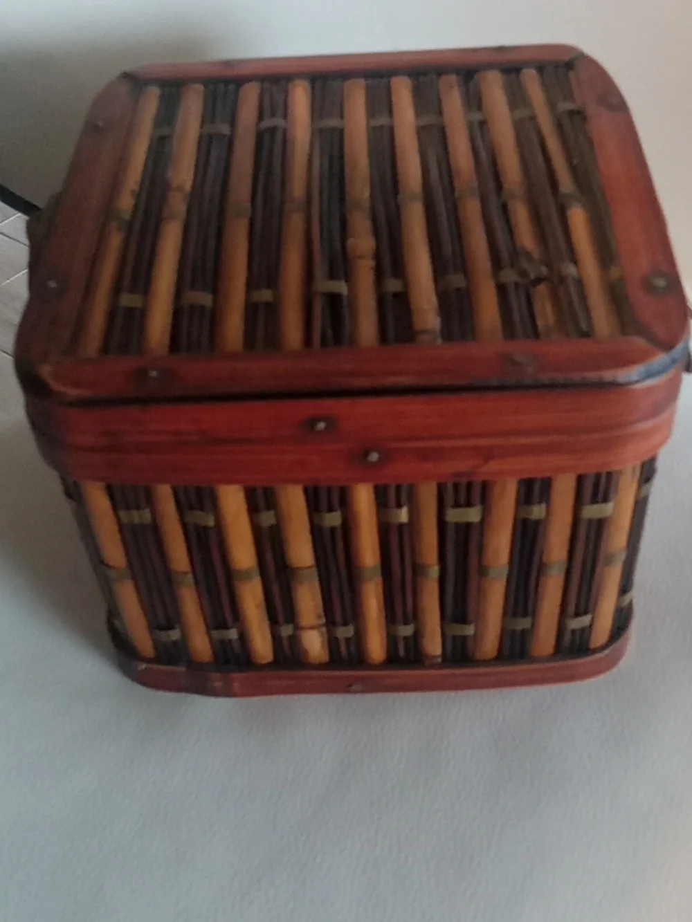 Vintage Brown and Tan Woven Bamboo Storage Chest - Picture 2 of 5